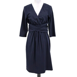 eShakti Dress Womens 12 Navy Blue Cotton Stretch Knit Zip Faux Wrap V Neck